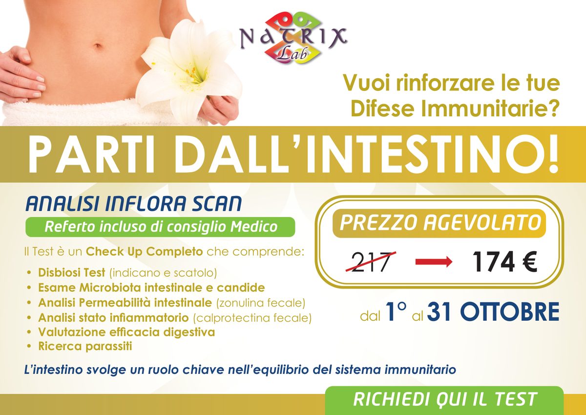 Locandina NatrixLab "Parti dall'intestino!": analisi Inflora Scan a prezzo agevolato dal 1° al 31 ottobre, con l'elenco degli esami compresi nel check-up
